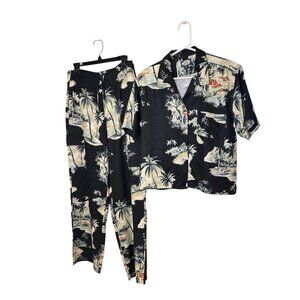 Tommy Bahama Womens Size 10 Black Hawaiian-style Print Silk Pant Set Casual